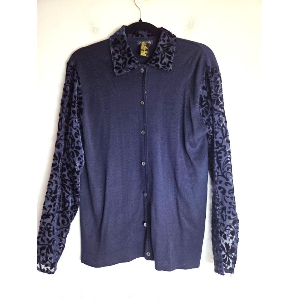 Mureli Dark Blue 100% Silk & Burnout Velvet Mixed Media Polo Cardigan size Large